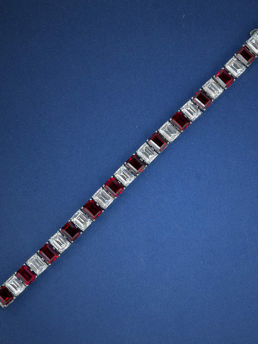 Red 18cm [b 2102] 925 Sterling Silver High Carbon Diamond Geometric Luxury Link Bracelet